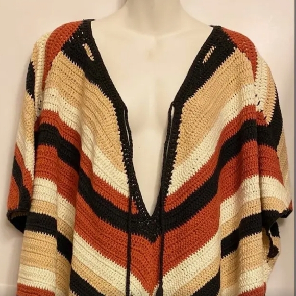 Crochet Long Poncho Multi Color Striped brown/cream/rust Hippie Festival OS - Picture 11 of 12